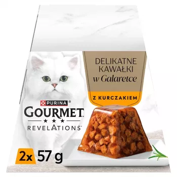 Šlapias kačių ėdalas Purina Nestlé Gourmet Revelations gabaliukai drebučiuose su vištiena 2 x 57 g, suaugusioms katėms, baltymų 9%, drėgmės 83%
