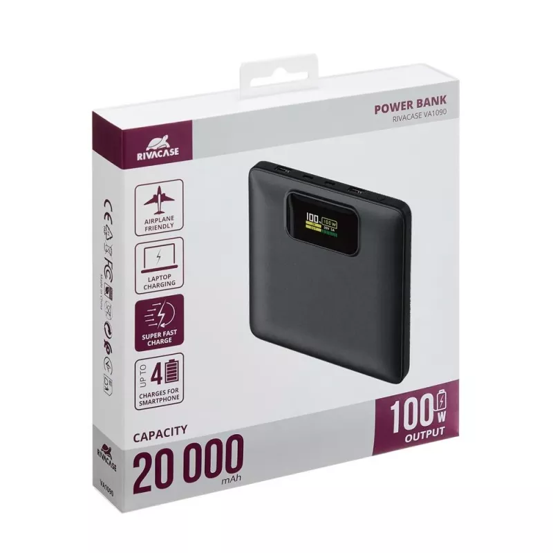 Power bankas Rivacase VA1090 — 20000 mAh, 77 Wh, bendra išvestis 100 W, 440 g