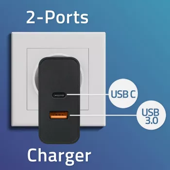 Qoltec 52380 Super Quick PD įkroviklis | 1xUSB-C | 1xUSB | 65W | 5-20V | 1,5-3,25A | Juodas