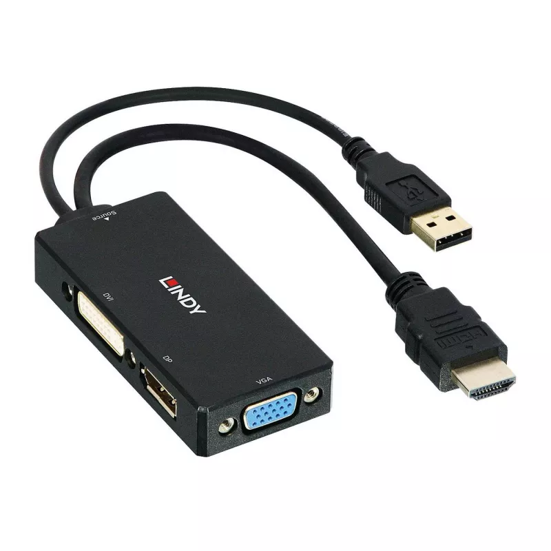 Lindy HDMI į DisplayPort, DVI ir VGA keitiklis, 0,15 m, 2160p, juodas