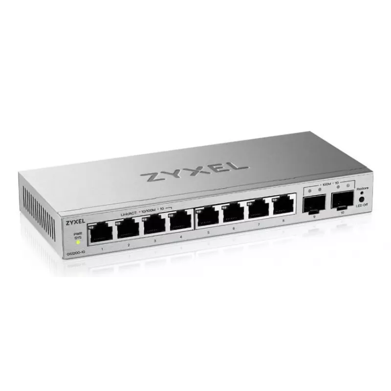 Valdomas L2 Gigabit Switch Zyxel GS1200-10v3 — 8x Gigabit (10/100/1000), 20 Gbps, MAC 4000, stalinis, pilkas