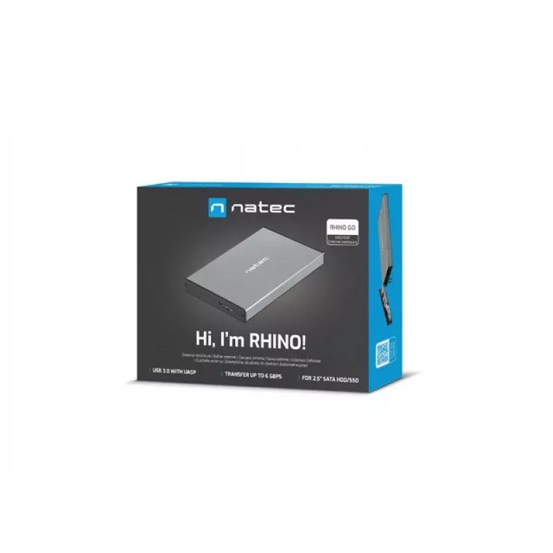 Išorinis HDD/SSD dėklas NATEC Rhino GO — 2,5 colio SATA, 9,5 mm, USB 3.0, aliuminis, pilkas, iki 4 TB