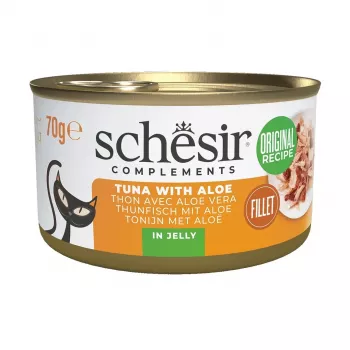 Šlapias kačių ėdalas Agras Pet Foods SCHESIR Complements Tunas su Aloe drebučiais 70 g, papildomas pašaras, 86% drėgmės, 12% baltymų