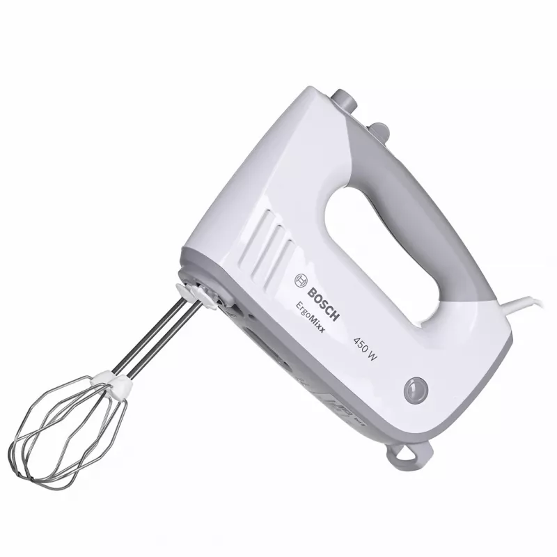 Rankinis plaktuvas Bosch MFQ36480 – 450 W, 5 greičių su turbo, pilkai baltas, plakikliai ir tešlos kabliukai