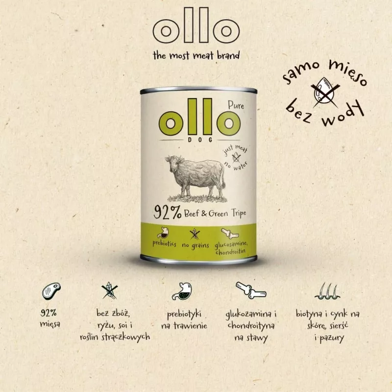 Šlapias šunų ėdalas OLLO Pure Beef and Green Tripe 400 g skardinė – suaugusiems, baltymai 14,5%, riebalai 11,9%, drėgmė 69%