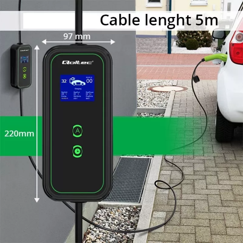 Qoltec Mobile EV automobilio įkroviklis reguliuojamas 2in1 Type2 | 7kW | 230V | CEE 3 kištukas | Wi-fi | LCD | Nešiojamas | Sieninis | 5m