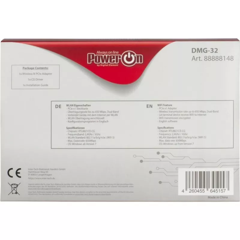 Inter-Tech DMG-32 – belaidžio ryšio PCI Express plokštė, 650 Mbit/s, juoda-sidabrinė (88888148)