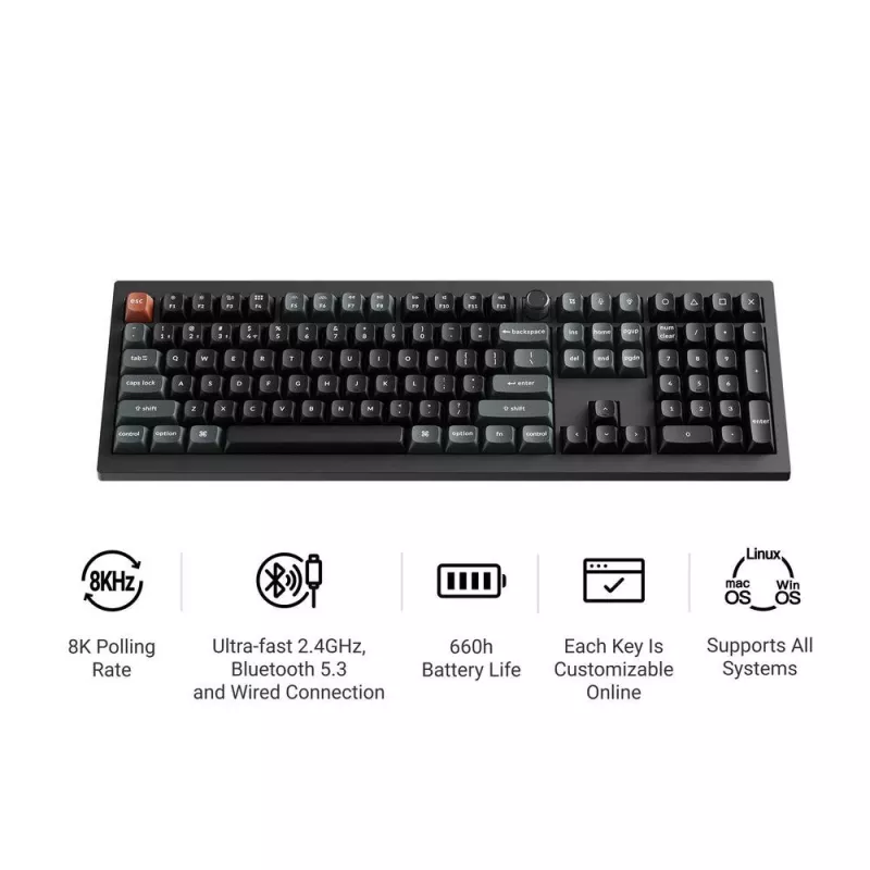 Mechaninė pilno dydžio (100 %) klaviatūra Keychron V6 Ultra 8K – QWERTY, Bluetooth, RGB LED, juoda