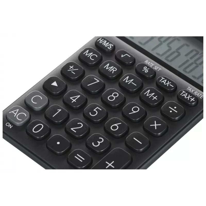 Pagrindinis skaičiuotuvas CASIO SL-310UC-BK – 10 skaitmenų, baterija/saulė, mokesčių ir pelno funkcijos, kišeninis dydis (70×118×8.4 mm), juodas