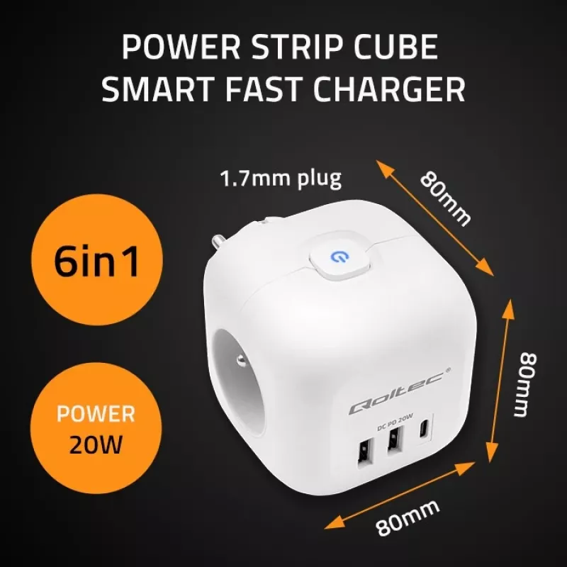 QOLTEC 52548 ilginimo lizdas su 3×AC kištukiniais lizdais ir USB prievadu