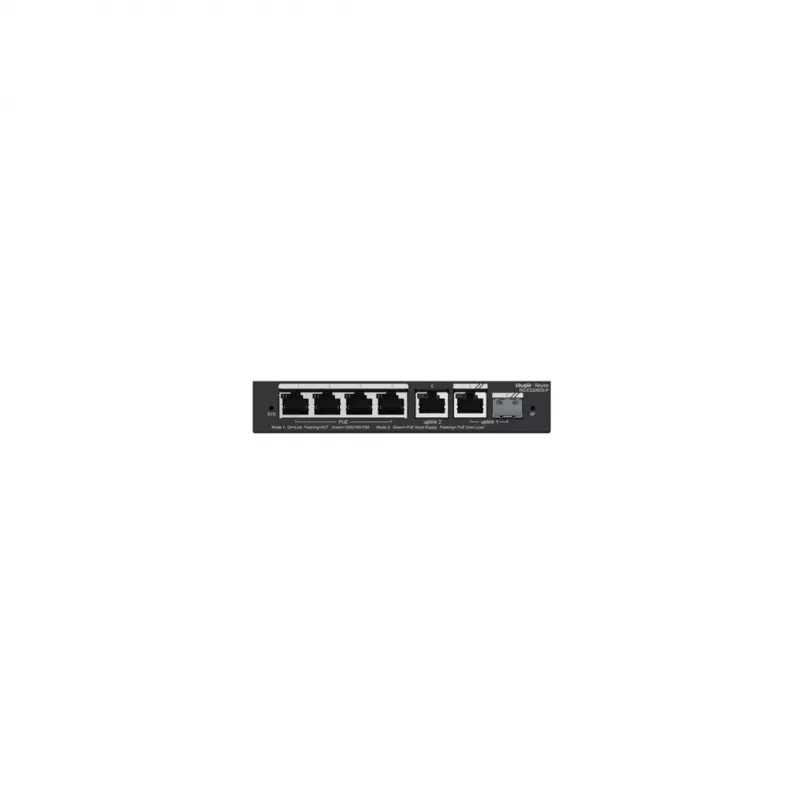 Valdomas PoE jungiklis RUIJIE RG-ES206GS-P — L2, 6x Gigabit RJ-45, 1x SFP, 4 PoE prievadai (54 W biudžetas), 12 Gbit/s, debesų valdymas