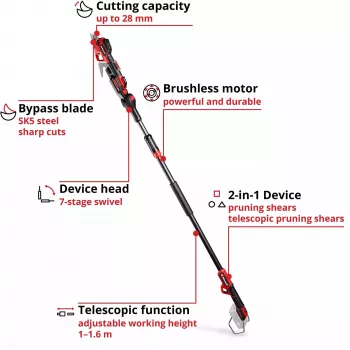 Genėjimo žirklės EINHELL GP-LS 18/28 Li T BL-Solo – belaidės teleskopinės aplenkiamosios žirklės, 18 V, pjovimo storis 2,8 cm, aliumininis kotas