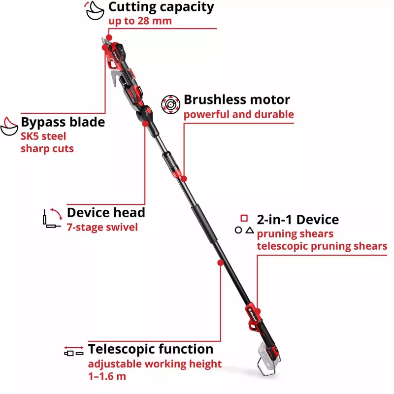 Genėjimo žirklės EINHELL GP-LS 18/28 Li T BL-Solo – belaidės teleskopinės aplenkiamosios žirklės, 18 V, pjovimo storis 2,8 cm, aliumininis kotas