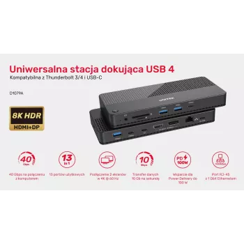 Docking stotelė UNITEK D1079A USB4 juoda 100W galios tiekimas