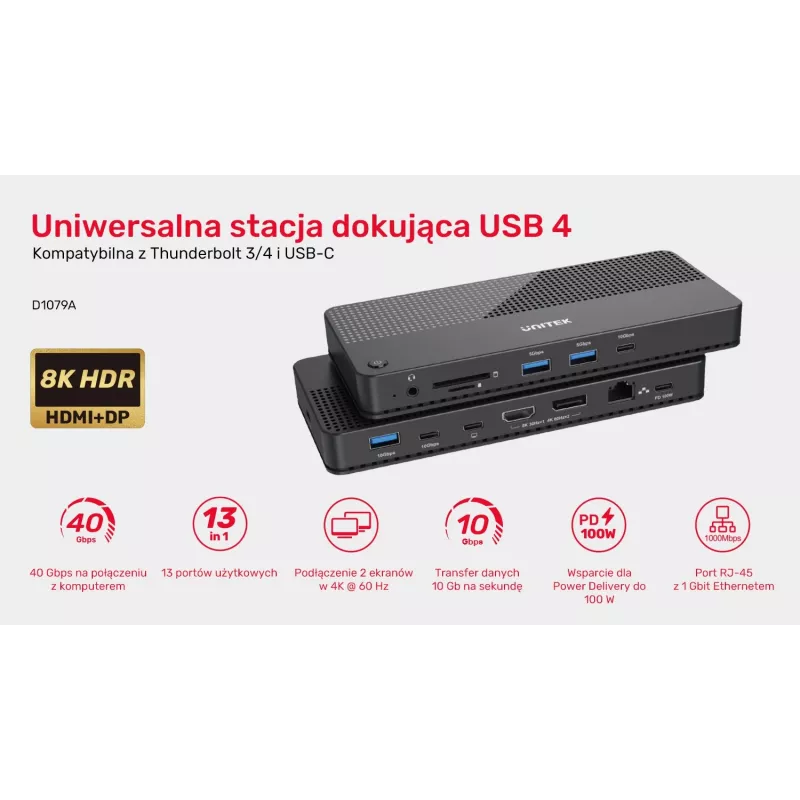 Docking stotelė UNITEK D1079A USB4 juoda 100W galios tiekimas