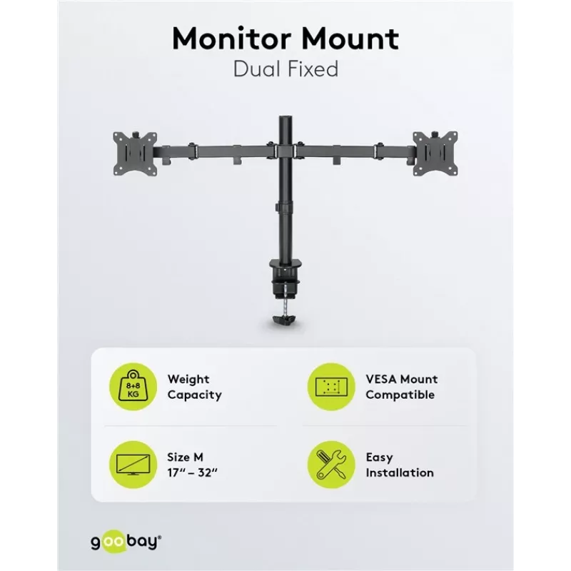 Goobay Monitor Laikiklis Dvigubas Flex - 17-32 colių Ekranas - Stalo Tvirtinimas VESA 75 ir 100mm - Sukimas, Pasukimas ir Pakreipimas - Aukščio Reguliavimas - Maksimali Apkrova