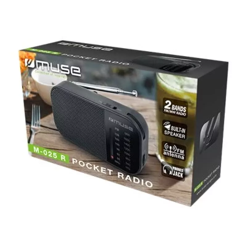 Nešiojamas radijo imtuvas Muse M-025 R — MW/FM, juodas, maitinamas baterijomis, kompaktiškas (32×130×70 mm)
