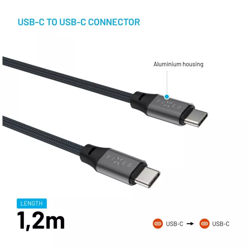 USB-C į USB-C magnetinis pintas laidas FIXED FIXDBM-CC12-GR, USB 2.0, 1,2 m, pilkas