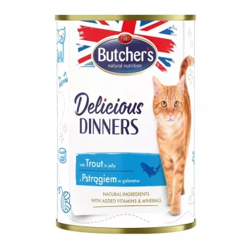 Šlapias kačių ėdalas Butcher's Pet Care Delicious Dinners 400 g – upėtakio skonio, suaugusioms katėms, be konservantų, be glitimo