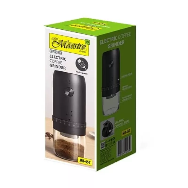 Kavos malūnėlis Maestro MR-457 – nešiojamas elektrinis malūnėlis, 30 g pupelių talpa, akrilinis korpusas, įkraunamas per USB-C, reguliuojamas malimo stambumas, mygtukų ir rankenėlės valdymas