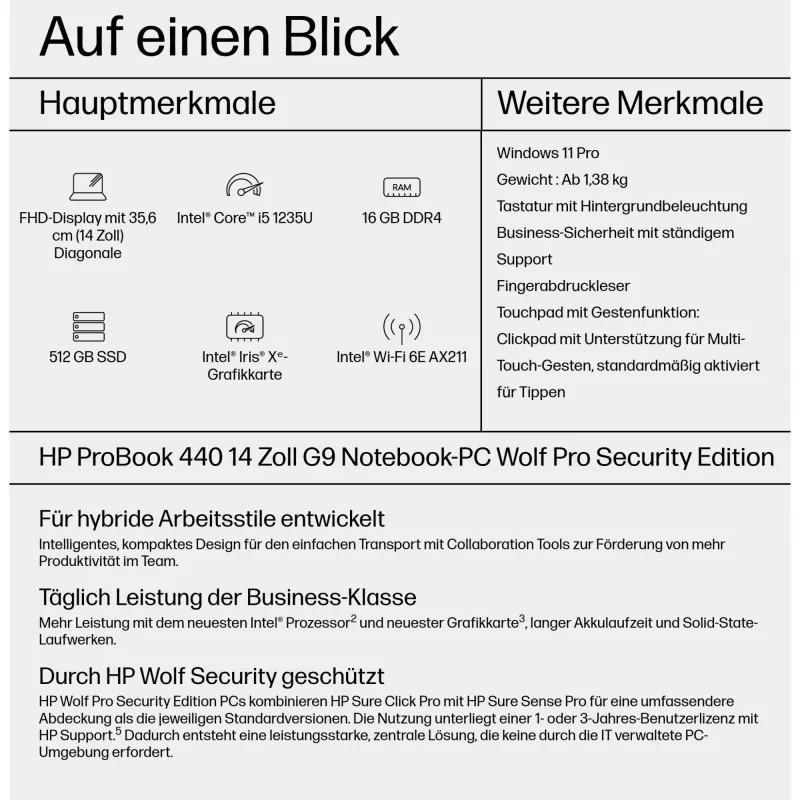 HP ProBook 440 G9 14 colių nešiojamas kompiuteris, Intel Core i5-1235U, 16 GB, 512 GB SSD, Windows 11 Pro