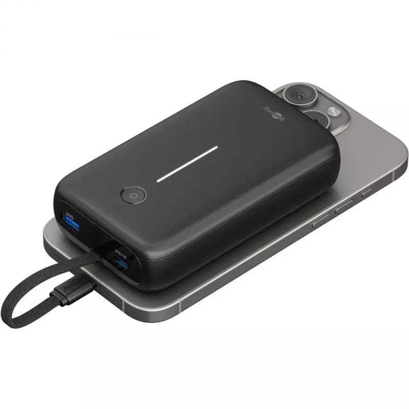 Powerbank 20.000 mAh su integruotu USB-C laidu 13 cm, 30 W (juoda, 20 Ah, 1x USB-A, 2x USB-C, PD, QC)