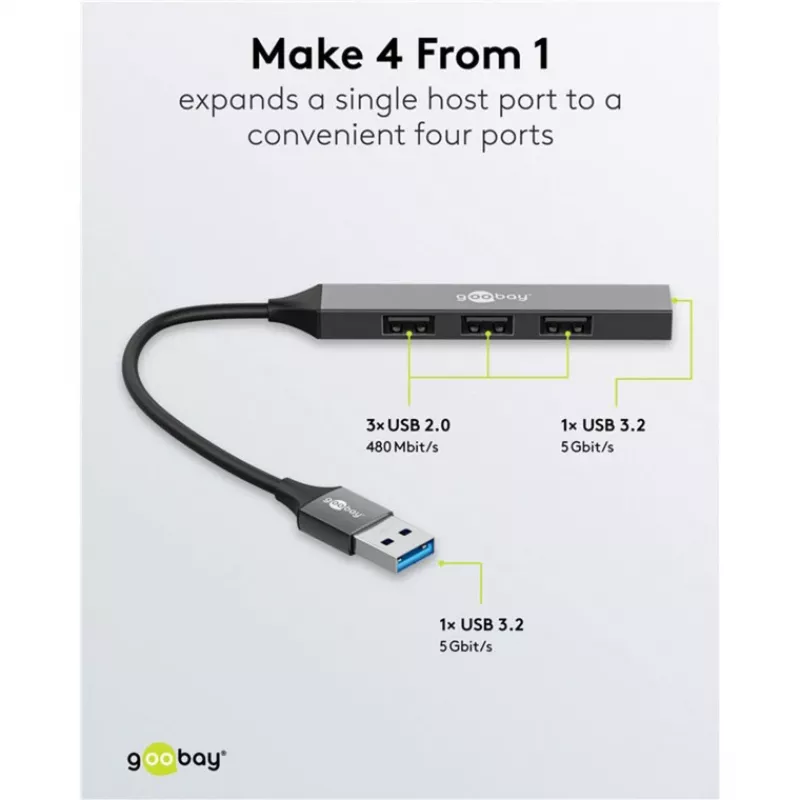 Goobay USB Hub 74456 4 prievadų USB-A 5000 Mbit/s šviesiai pilkas