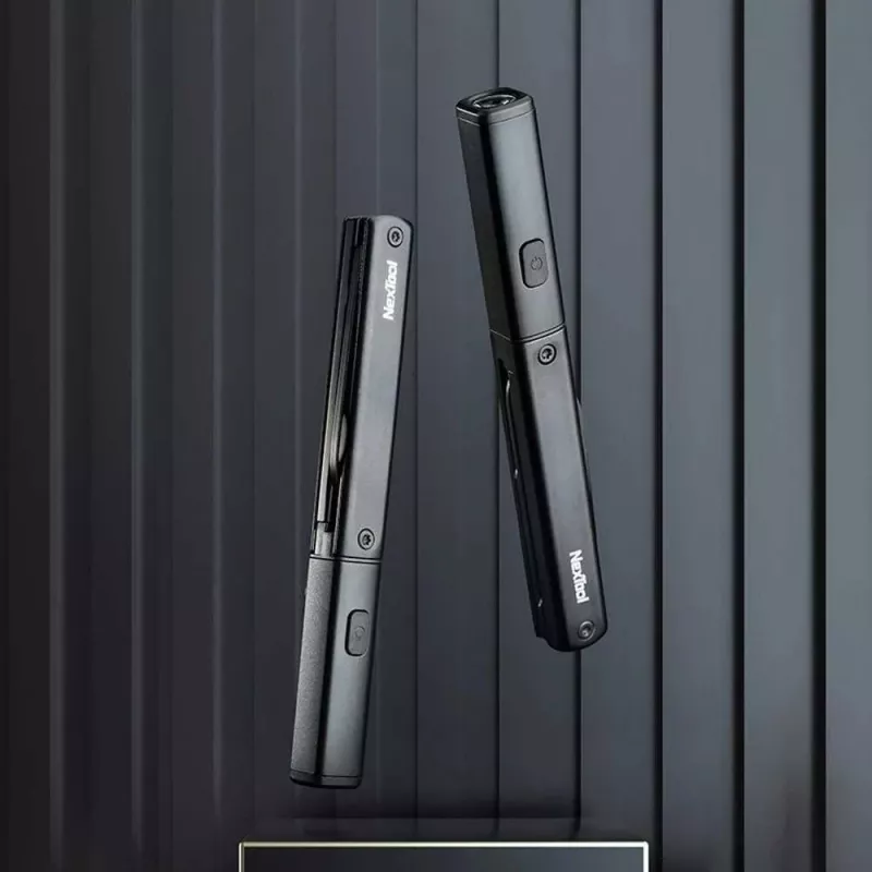 Daugiafunkcis rašiklis-žibintuvėlis Nextool NE20026 — LED 50 lm, 90 min veikimo, nerūdijančio plieno peiliukas, žirklės, USB-C, aliuminis, 125×15 mm, 38 g