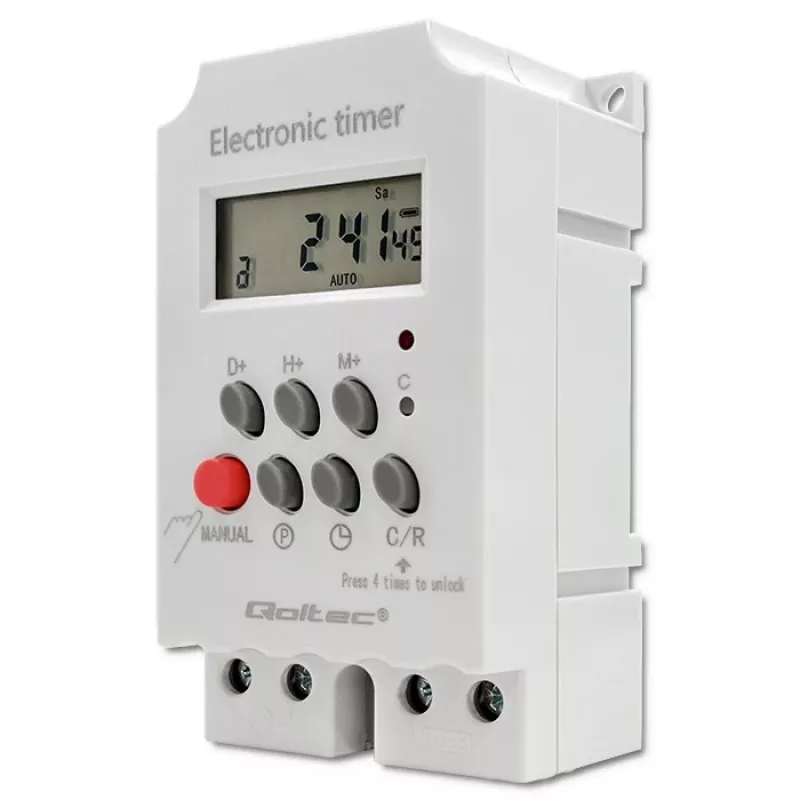 DIN bėgelio elektroninis laikmatis QOLTEC PC0629 — 24V maitinimas, 16A išėjimas