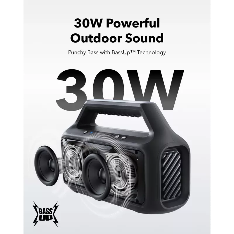 Nešiojamas stereofoninis garsiakalbis Anker Soundcore Boom 2 SE — 2.0 kanalai, 30 W RMS, belaidis, juodas