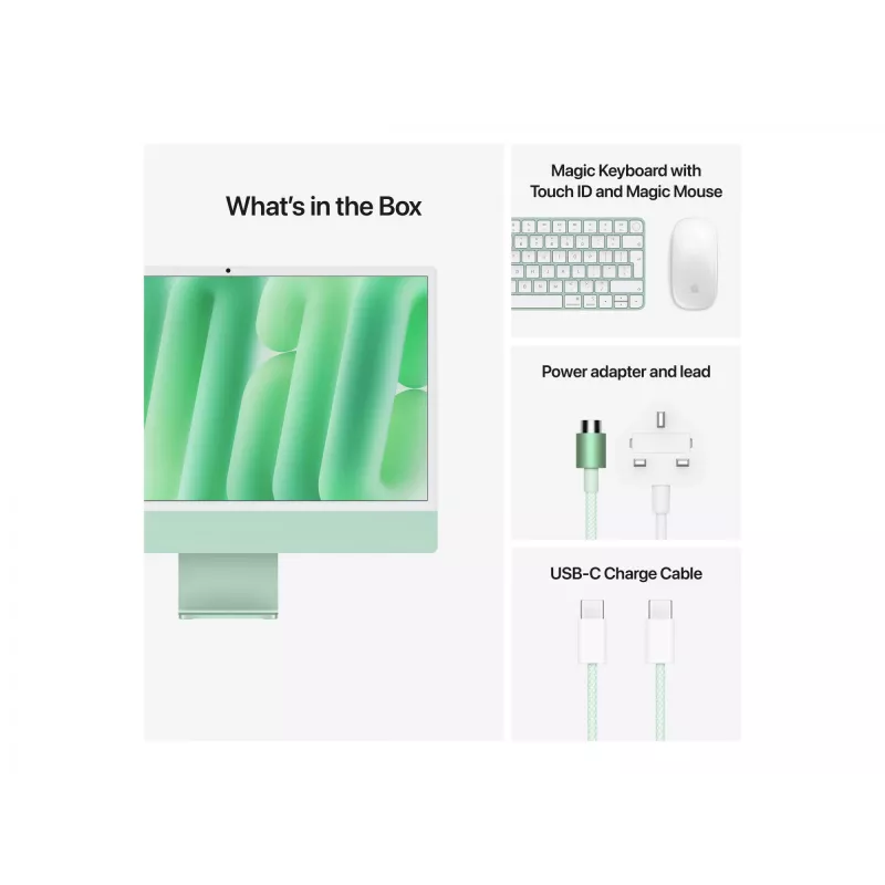 iMac 24 inch Retina 4.5K ekranas M4, Žalia, M4 (10-CPU/10-GPU), 16 GB, 512 GB, standartinis stiklas, Touch ID, vokiška, Gigabit Ethernet, Magic Mouse, MWV03D/A
