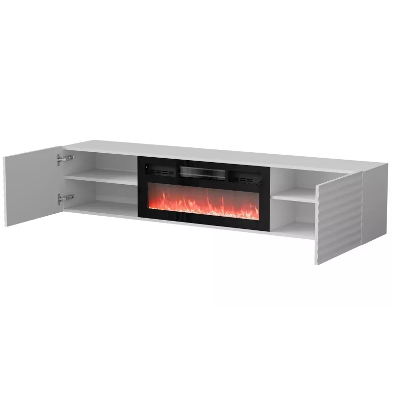 TV spintelė Cama Meble TULA su elektriniu židiniu, 1830×350×370 mm, balta matinė