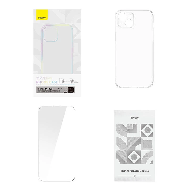 Apsauginis dėklas Baseus Crystal Series iPhone 14 Plus su grūdinto stiklo nugara