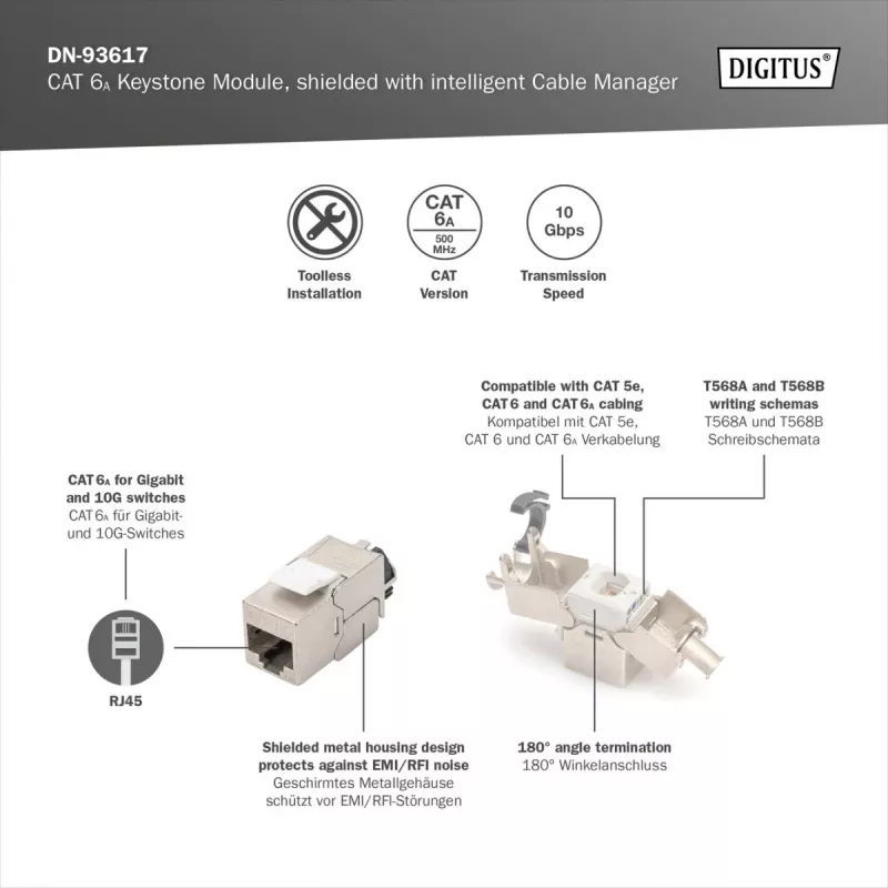 Digitus CAT 6A ekranuotas Keystone modulis su protingu kabelių valdikliu