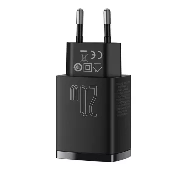 USB greitasis įkroviklis Baseus CCXJ-B01 — 2 prievadai (USB-C PD 20W + USB-A QC3.0 18W), 100–240V, Juodas