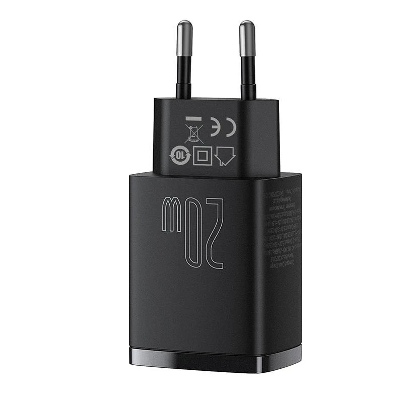 USB greitasis įkroviklis Baseus CCXJ-B01 — 2 prievadai (USB-C PD 20W + USB-A QC3.0 18W), 100–240V, Juodas