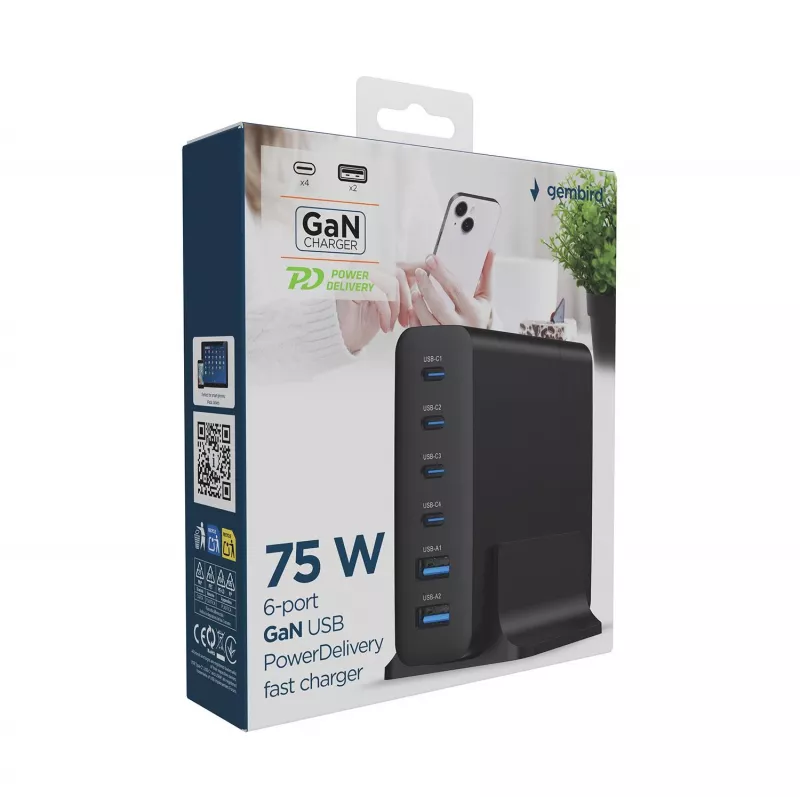 GEMBIRD TA-UC-2A4C-PD75-01-BK universalus įkroviklis 75W, 4× USB-C + 2× USB-A, PD & QC3.0, 6 įrenginių vienu metu, 1,5 m laidas, juodas