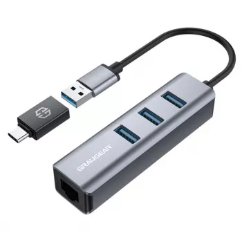 GRAUGEAR USB Hub G-HUB31L-A — USB 3.2 Gen 1 Type-A jungtis, 3x USB 3.2 Gen 1 Type-A prievadai + RJ-45, 5000 Mbit/s