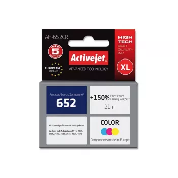 Activejet AH-652CR rašalo kasetė (atitikmuo HP 652 F6V24AE; Premium; 21 ml; spalvota)
