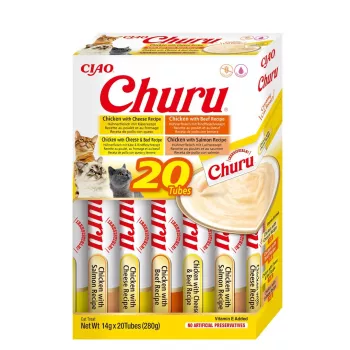 Katės skanėstai INABA Churu Variety Box — Vištiena ir Jautiena, 20 x 14 g tūbelės