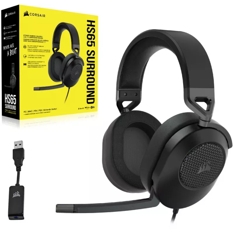 Ausinės CORSAIR HS65 SURROUND žaidimams, laidinės, ant ausų, 3,5 mm + USB adapteris, 32 Ω, 282 g, anglies spalvos