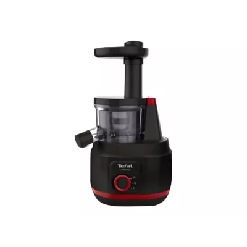 Lėtas sulčiaspaudė Tefal Juiceo ZC150 — 150 W, 4,5 cm padavimo vamzdis, 0,8 L talpos indai sultims ir minkštimui, 80 aps./min., juoda/raudona