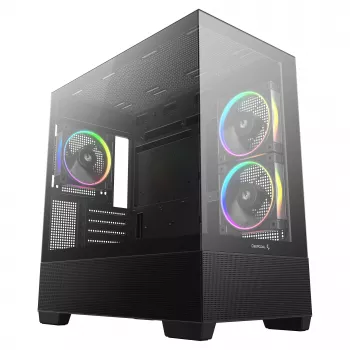 PC korpusas Midi Tower DeepCool CG380 3F – juodas, 235×437×451 mm, su 2x120 mm šoniniais ir 1x120 mm galiniu ventiliatoriumi, maitinimo šaltinis apačioje, 2,5 colio/3,5 colio kietieji diskai