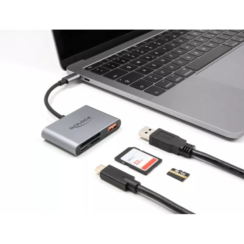 Delock 91016 USB-C kortelių skaitytuvas SD ir microSD kortelėms su USB-A prievadu ir USB-C PD