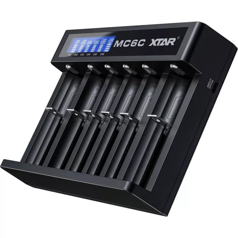 Įkroviklis XTAR MC6C 6 lizdų, Li‑jonų cilindrinėms baterijoms, 18650/21700/AA, 5V, juodas