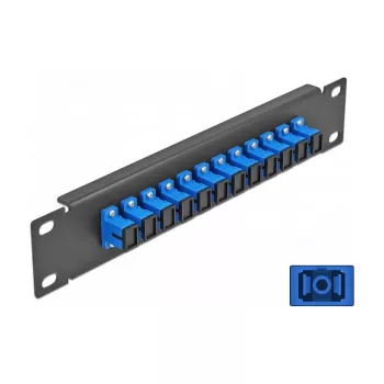 Šviesolaidžio skirstymo panelė DeLOCK 10 colių 12 prievadų SC Simplex mėlyna 1U juoda
