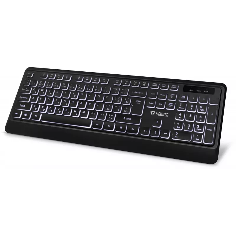 Klaviatūra su foniniu apšvietimu, tyli, žemo profilio klavišais, USB