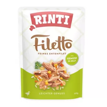 Šlapias šunų ėdalas RINTI Filetto Duck antienos filė su daržovėmis 100 g paketėlis, pilnavertis pašaras, 15% baltymų, 1% riebalų, 81% drėgmės