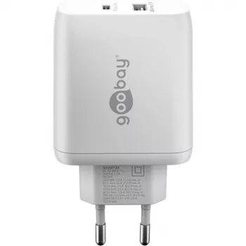 USB-C dviejų prievadų greitasis įkroviklis, PD, GaN, 65 W (baltas, 1x USB-C, 1x USB-A, Power Delivery)
