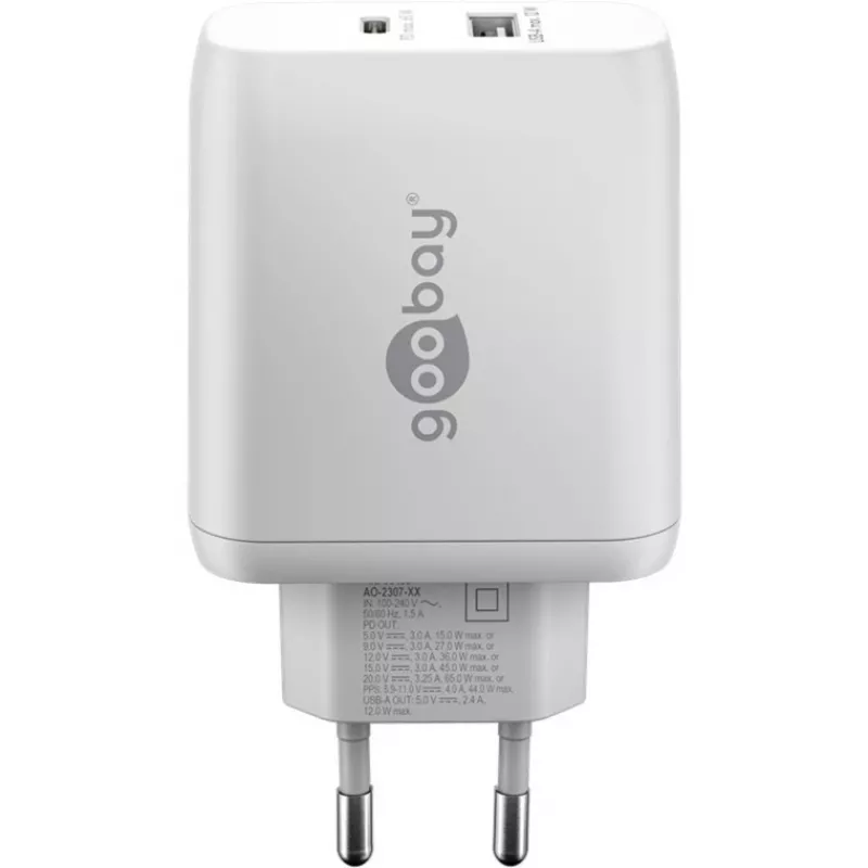 USB-C dviejų prievadų greitasis įkroviklis, PD, GaN, 65 W (baltas, 1x USB-C, 1x USB-A, Power Delivery)